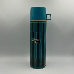 Vintage Thermos Quart Size Vacuum Bottle Teal Black Stripe Sun Snowflake Design